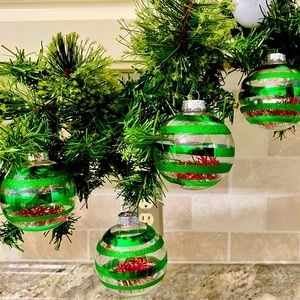 Vintage Glass Set of 8, Vibrant Christmas Green stripe clear ornaments, 1980’s.